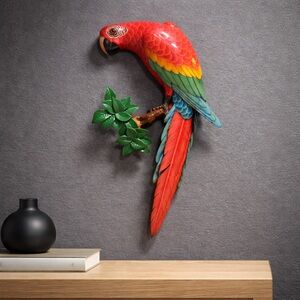 Hand Painted Parrot Bird 3D Wall Figurine Decoration Blue & Yellow Resin 18”x5”